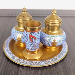 Brass Salt Pepper Shaker Toothpick Holder Tray Etched And Decorated With Enamel